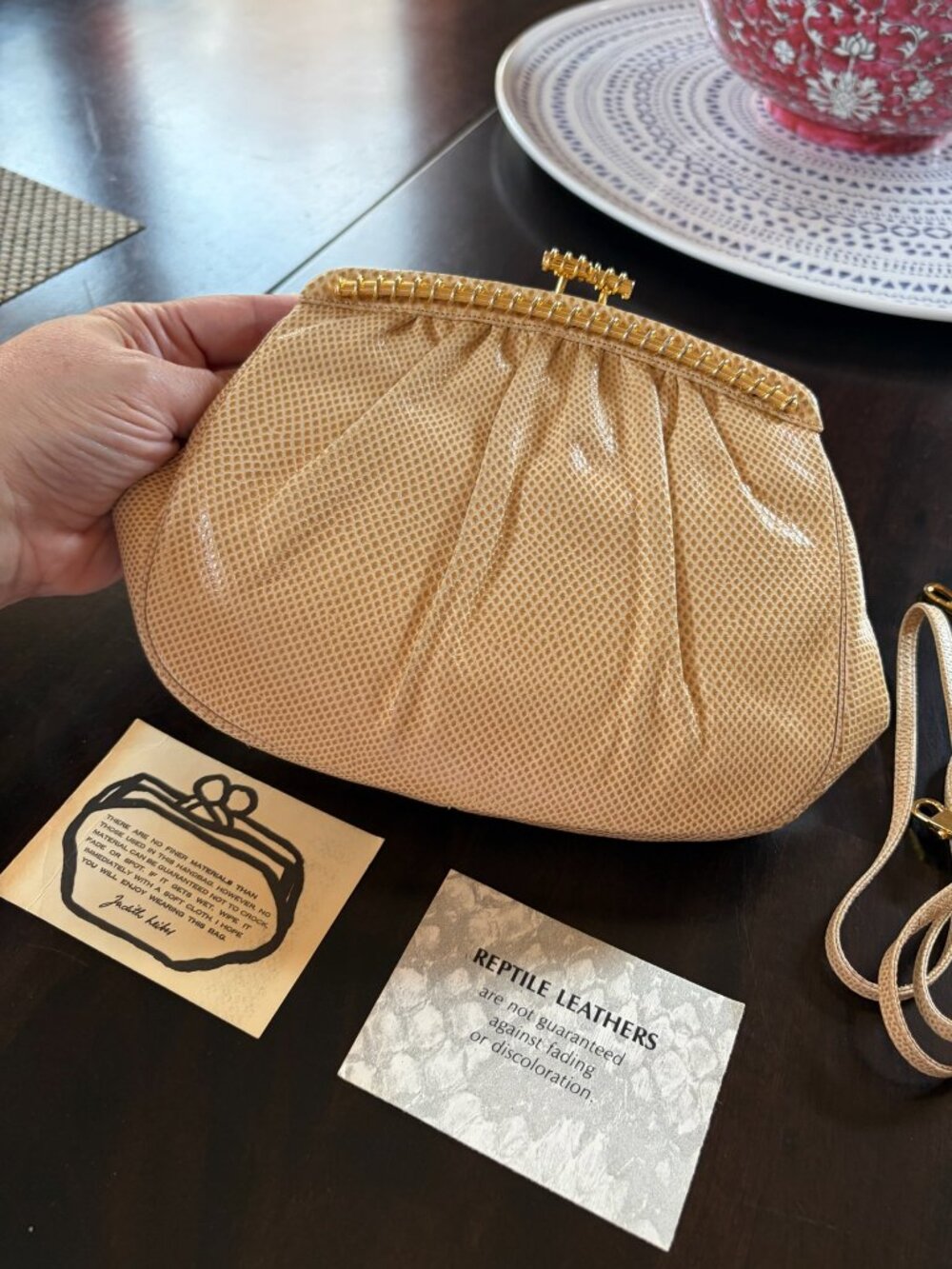 JUDITH LEIBER Vintage Beige Reptile Leather Clutch w/ clasp and strap